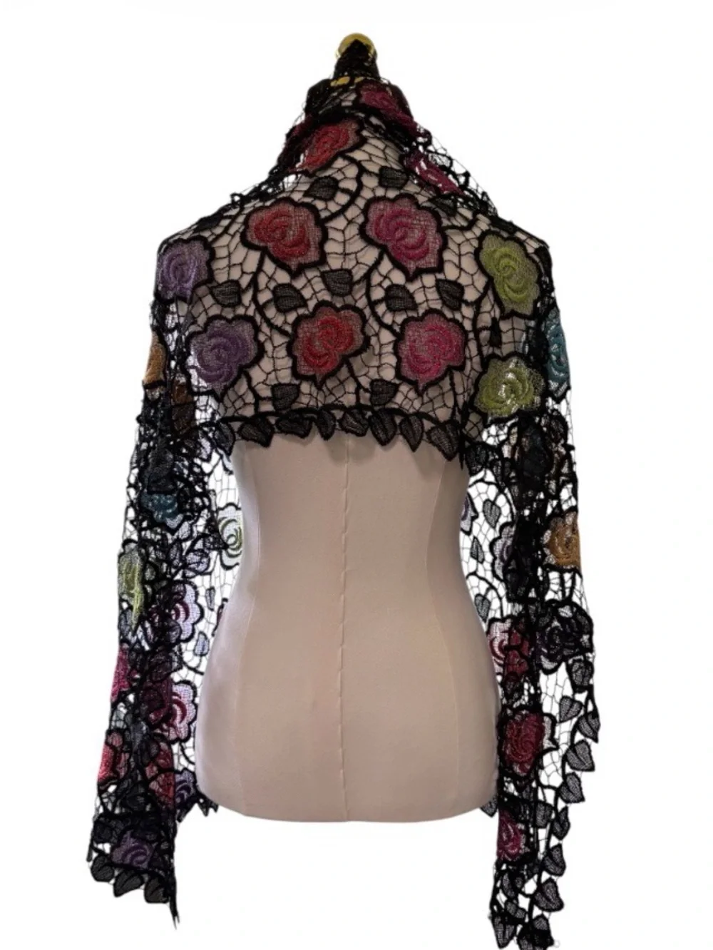 Black Lace Floral Mantilla Shawl/Chapel Veil with Multicolor Embroidery SKU 22